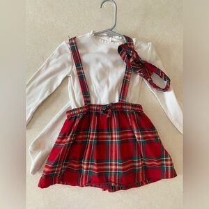 Toddler Girl Christmas plaid Red and White Suspender Skirt Set
